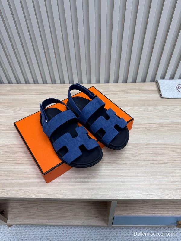2025 Women Hermès Navy Suede Leather Sandals