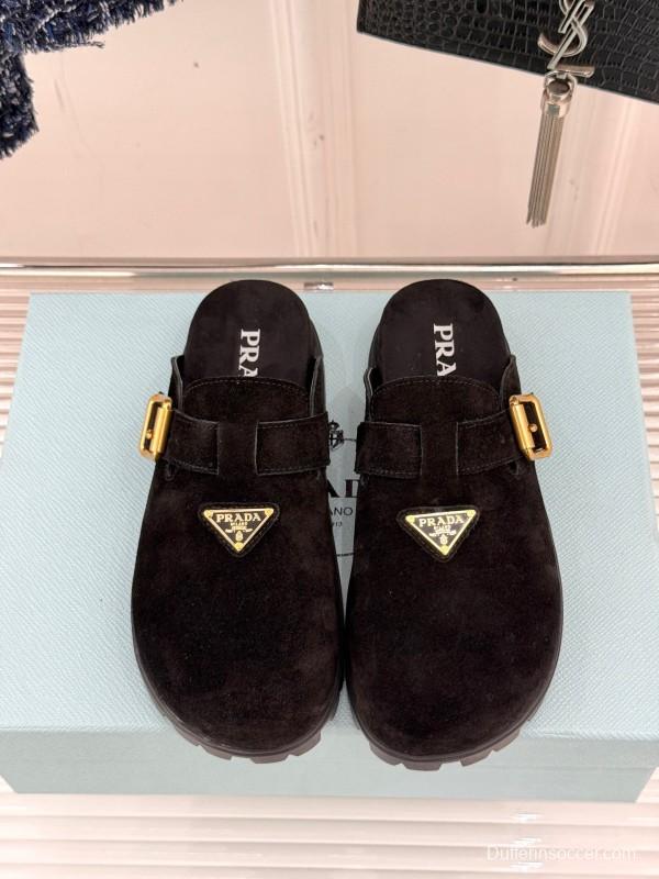 2025 Women Prada Black Suede Slippers