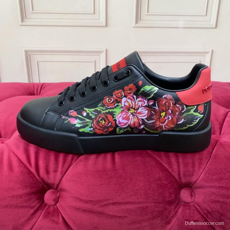 2025 Women Dolce & Gabbana Black Red Leather Sneakers Floral LY00300