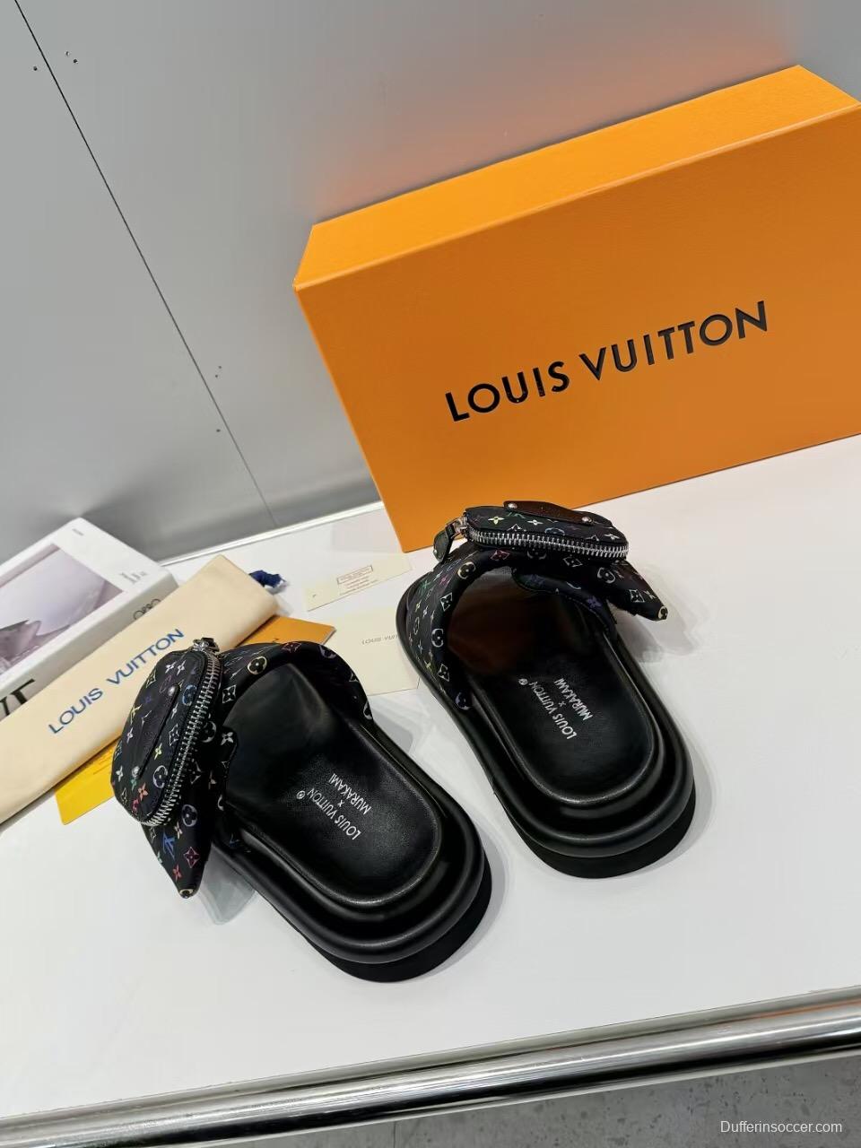 2025 Women Louis Vuitton Black Colorful Canvas Slippers Monogram KFY00230