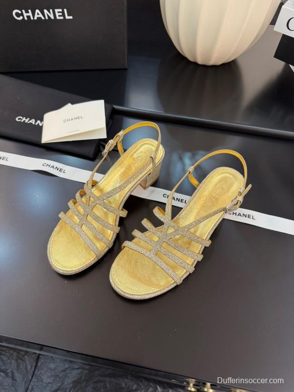 2025 Women Chanel Gold Fabric Sandals KFY00289