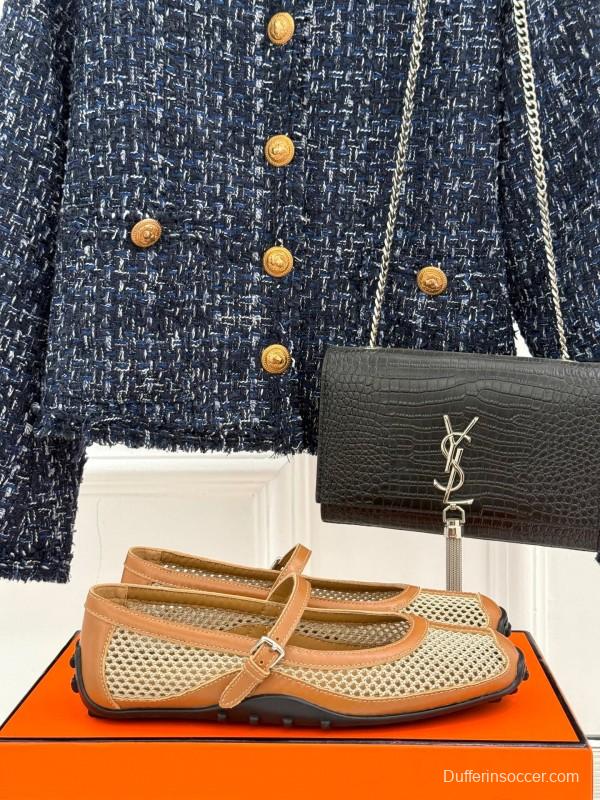 2025 Women Hermès Beige Mesh Leather Mary Jane