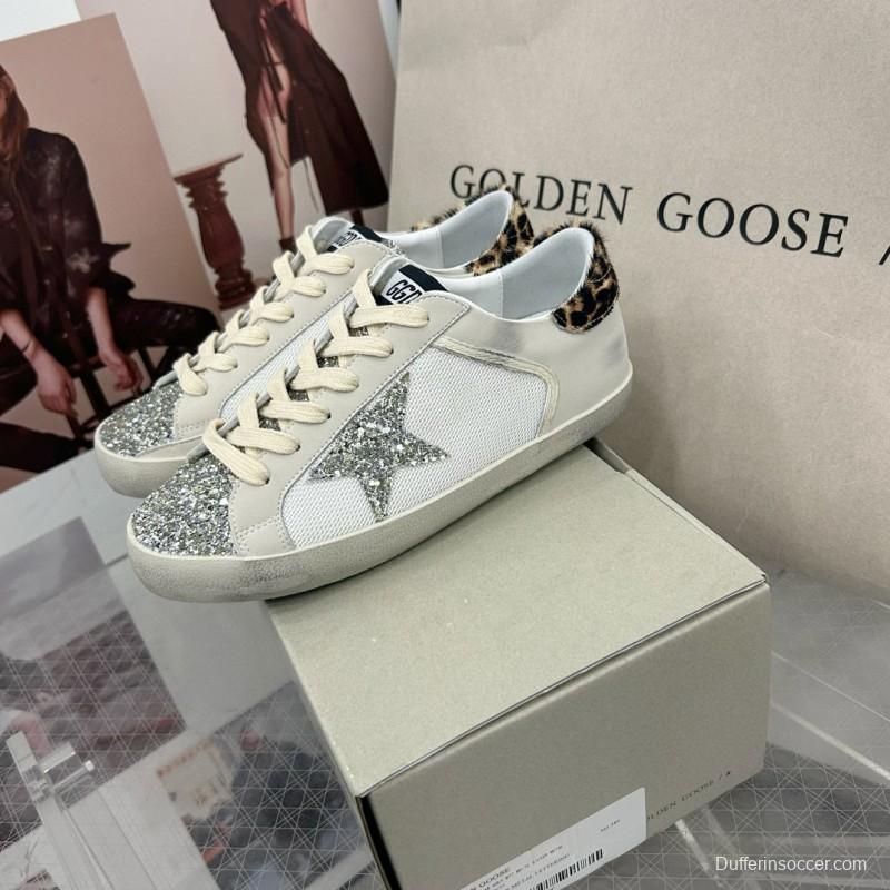 2025 Women GGDB White Silver Leather Glitter Sneakers