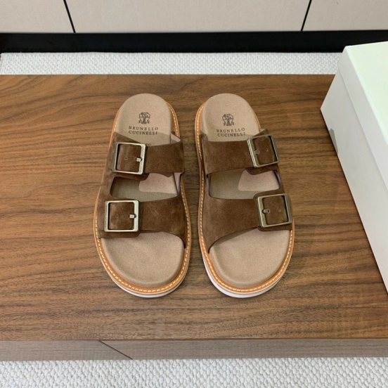 2025 Unisex Brunello Cucinelli Brown Suede Leather Slippers KFY00250
