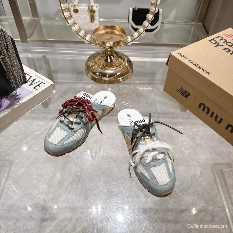 2025 Women Miu Miu Blue White Beige Leather Mesh Sneakers