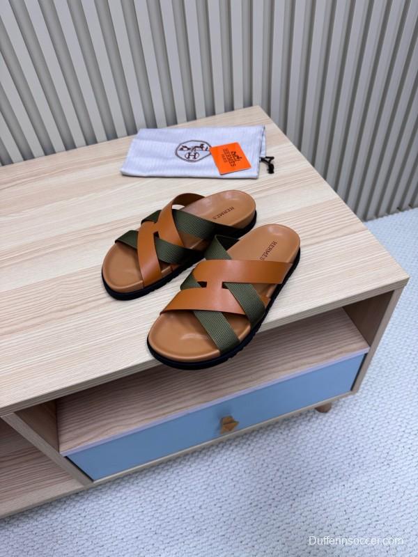2025 Slippers Hermès Brown Green Leather Fabric Slippers