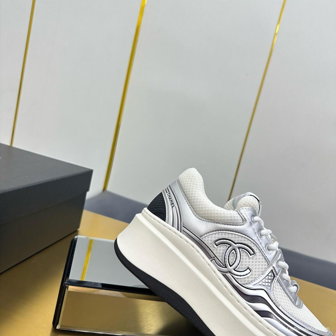 2025 Women Chanel White Silver Leather Mesh Sneakers