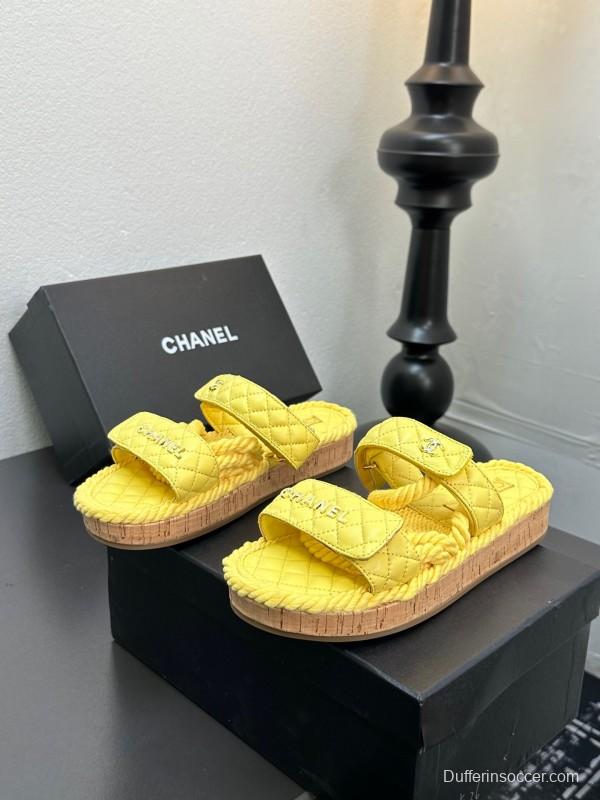 2025 CHANEL Yellow Quilted Fabric Slippers