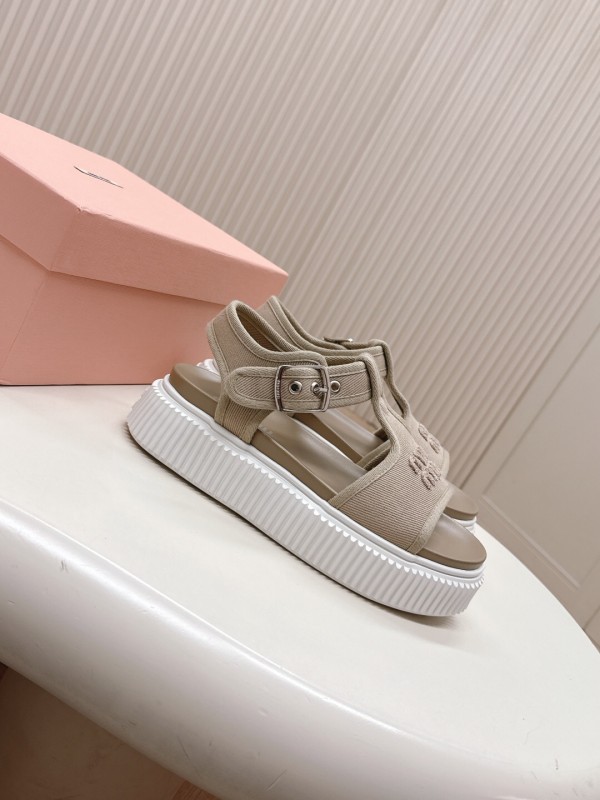 2025 Women Miu Miu Beige Canvas Sandals Buckle LY00360