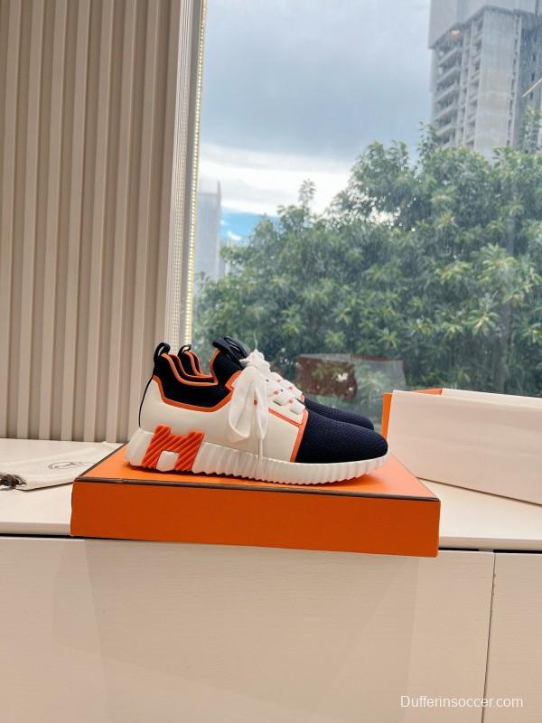 2024 Unisex Hermès 爱H Navy Orange Knit Leather Sneakers 