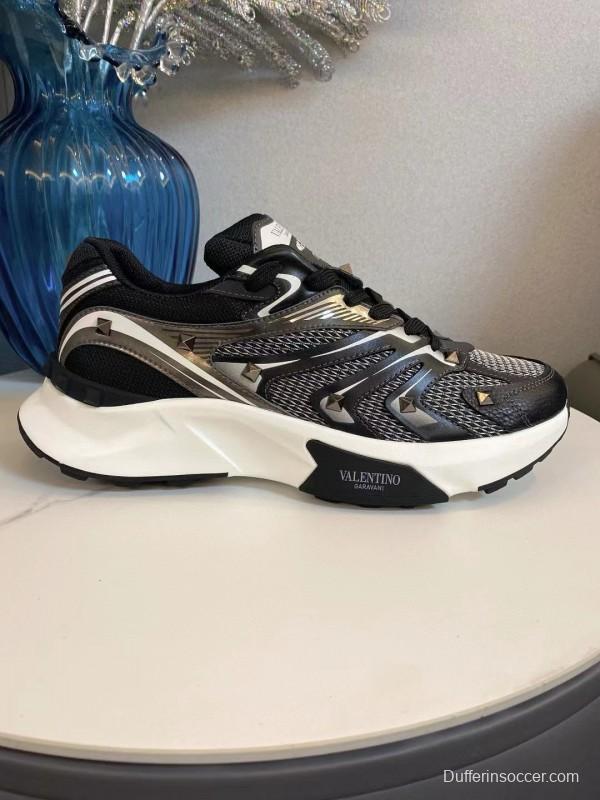 2024 Unisex Valentino Black White Mesh Leather Sneakers MJ00410