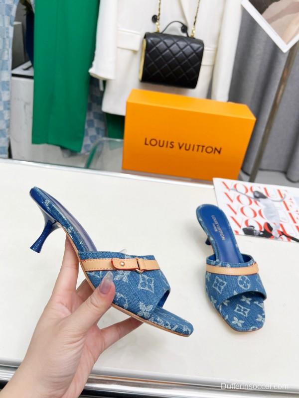 2025 Women Louis Vuitton Denim Blue Leather Heeled Sandals LY00260