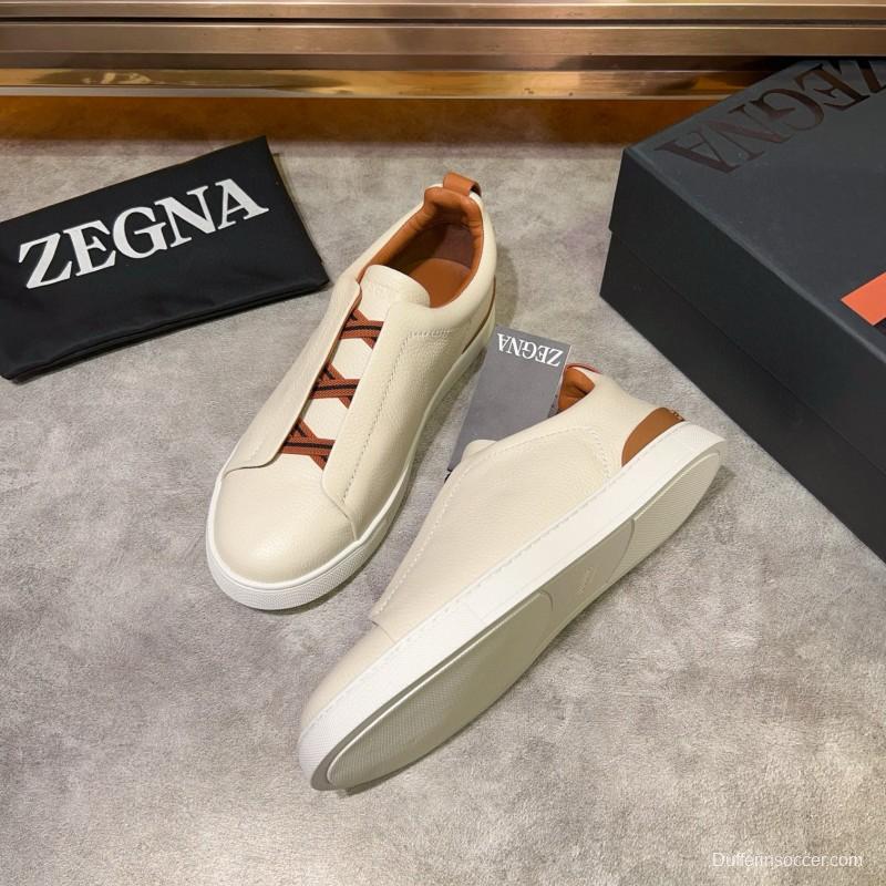 2024 Men Ermenegildo Zegna White Brown Calf Leather Pelletessuta Sneakers Elastic Detail MJ00280