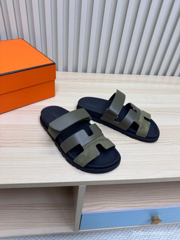 2025 Women Hermès Khaki Black Leather Slippers
