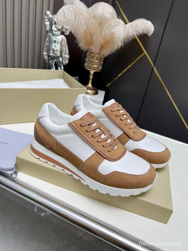 2024 Unisex Brunello Cucinelli White Brown Suede Leather Sneakers MJ00360
