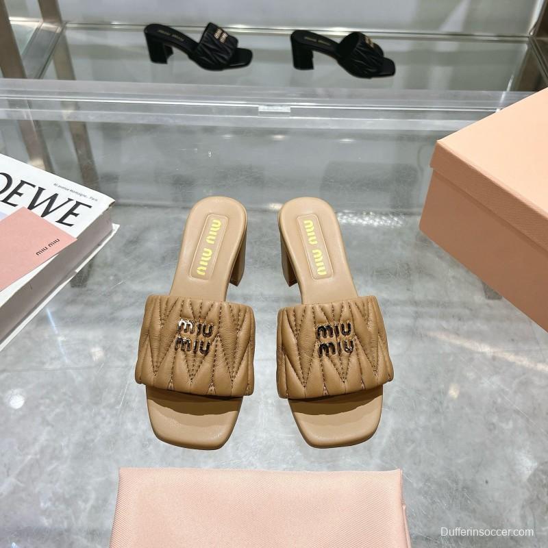2025 Women Miu Miu Beige Lambskin Heeled Sandals MDR00123
