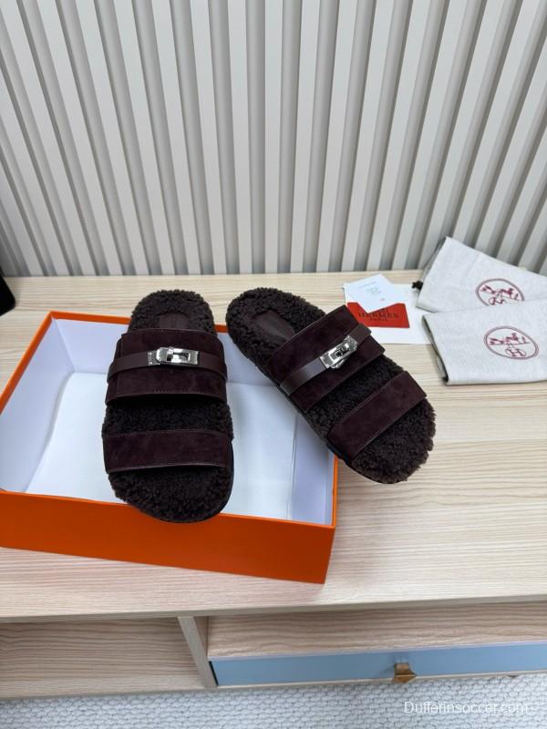 2024 Slippers Hermès Dark Brown Suede Shearling Slippers MJ00300