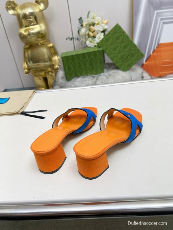 2025 Gucci Orange Blue Leather Slippers