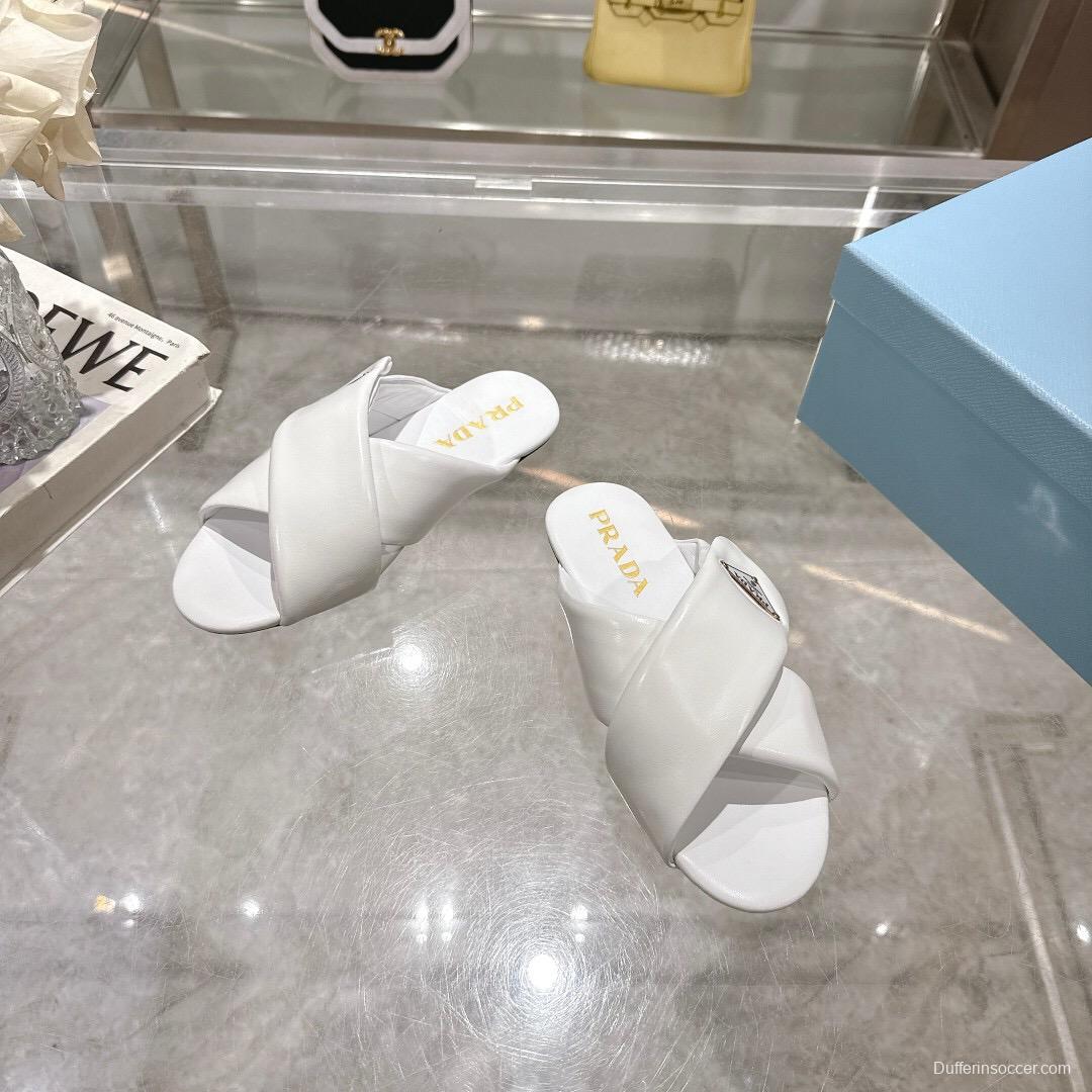 2025 Women Prada White Leather Slippers