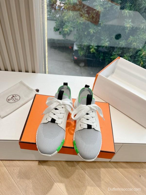 2024 Unisex Hermès White Green Calfskin Suede Sneakers MJ00290