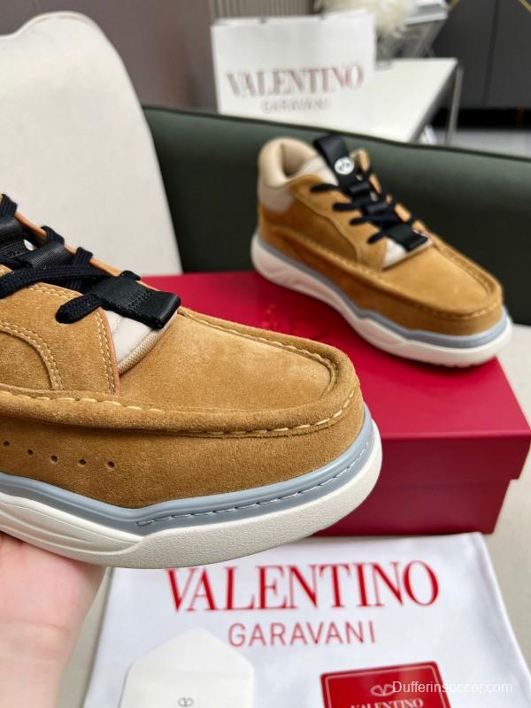 2025 Unisex Valentino Brown Beige Leather Suede Sneakers LY00390