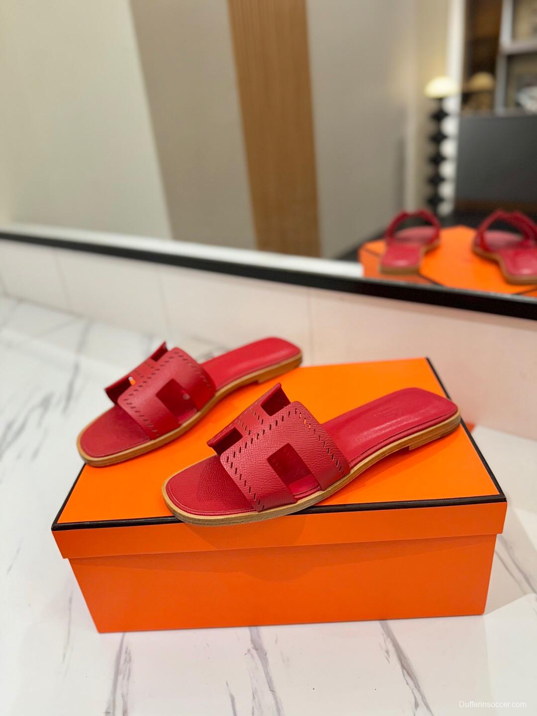 2025 Women Hermès Red Leather Slippers