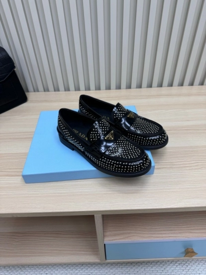 2025 Women Prada Black Leather Loafers Studded LY00340