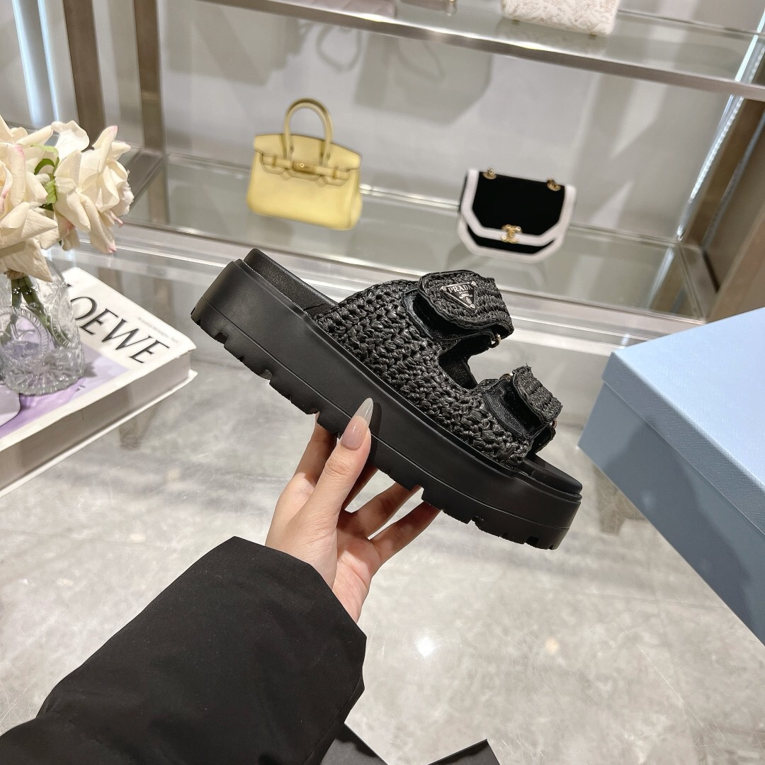 2025 Women Prada Black Woven Leather Sandals LY