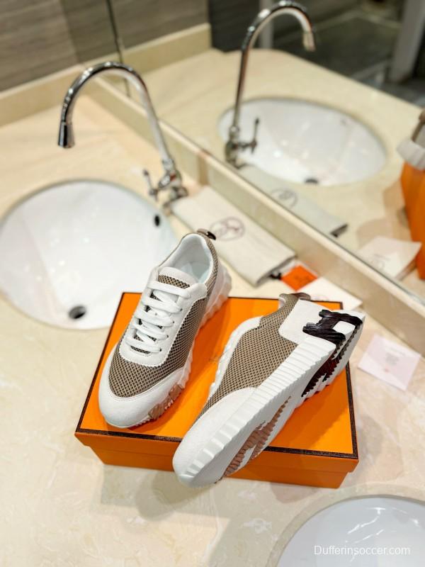 2024 Women Hermès beige white mesh leather sneakers