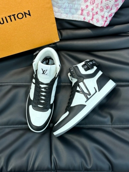 2024 Men Louis Vuitton Black White Leather High Top Sneakers MJ00420