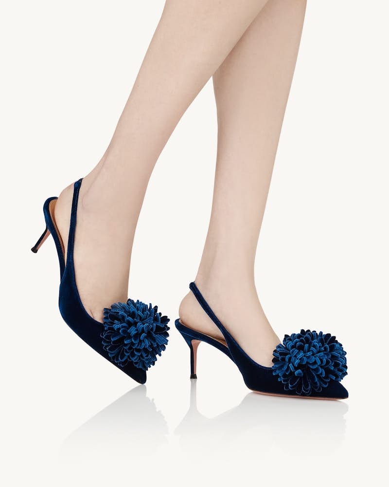 2025 Women Aquazzura Deep Blue Velvet Slingback Pom Pom Pumps KFY00320