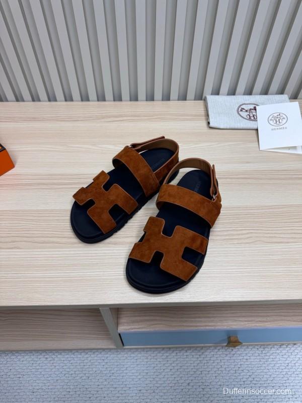 2025 Women Hermès Brown Suede Leather Sandals
