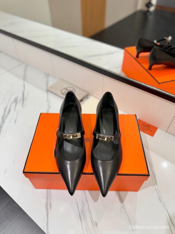 2025 Women Hermès Black Calfskin Leather Mary Jane 4cm Heel KFY00330