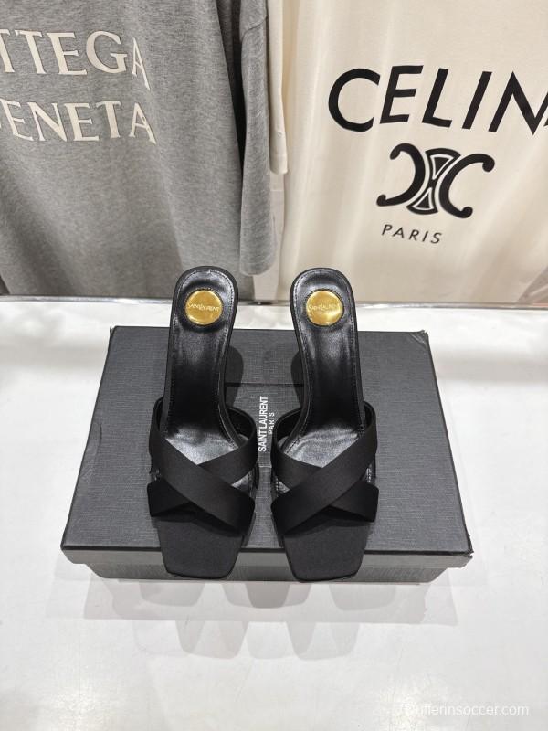 2025 Women Yves Saint Laurent Black Leather High Heel Slide Sandals With Gold Medallion Detail - LY00360(F)