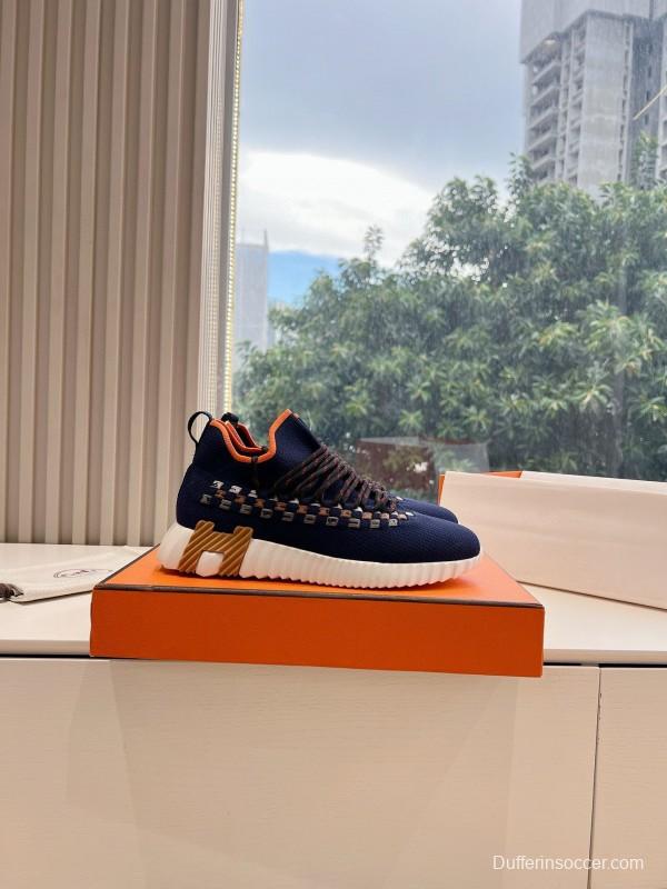 2024 Unisex Hermès Navy Orange Knit Leather Sneakers