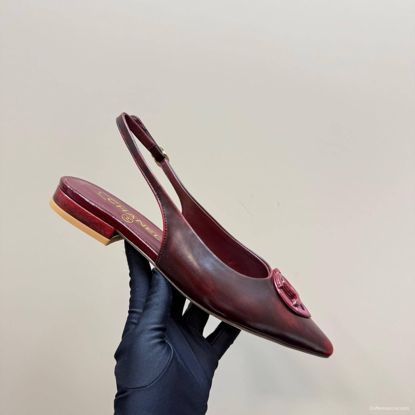 2025 Women Chanel Bordeaux Leather Slingback Sandals KFY00290