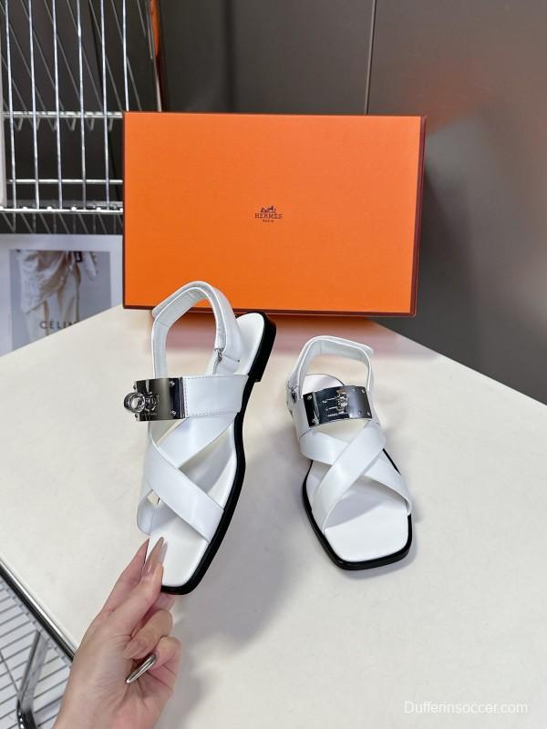 2025 Women Hermès White Calf Leather Sandals Metal Buckle KFY00300