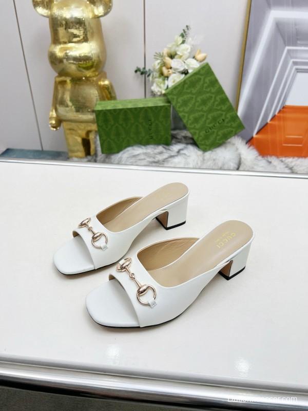 2025 Women Gucci White Leather Heeled Slippers MJ00180