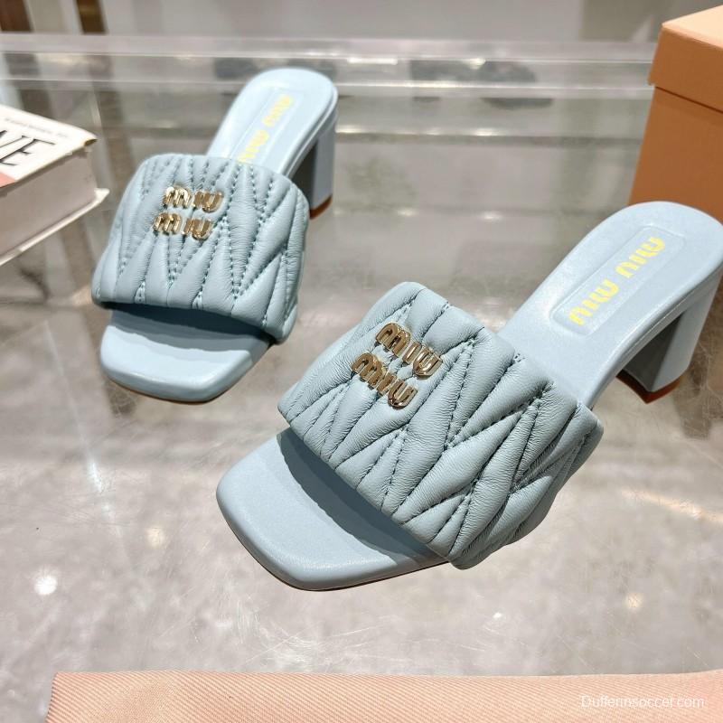 2025 Women Miumiu Light Blue Sheepskin Heeled Sandals