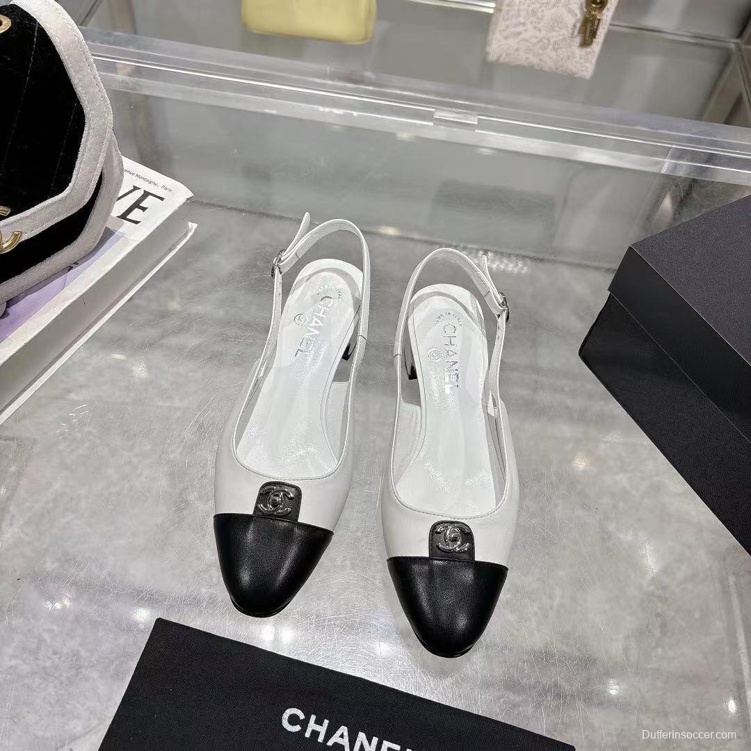 2025 Women Chanel White Black Leather Slingback Heels LY00300