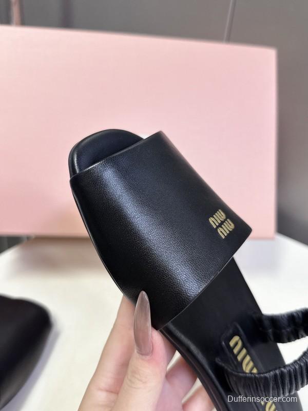 2025 Slippers Miu Miu Black Leather Slippers LY00