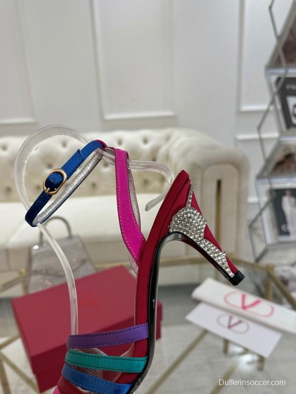 2025 Women Valentino Red Blue Green Pink Leather Suede High Heel Sandals LY00310