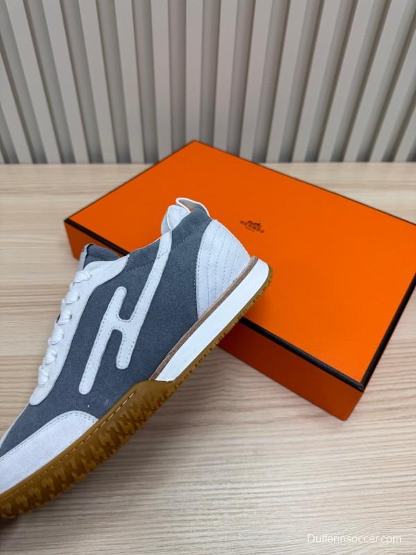 2025 Unisex Hermès White Grey Suede Canvas Sneakers KFY00300