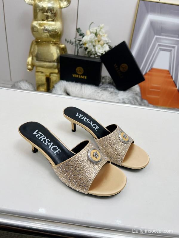 2025 Women VERSACE Gold Silk Rhinestone Heeled Sandals
