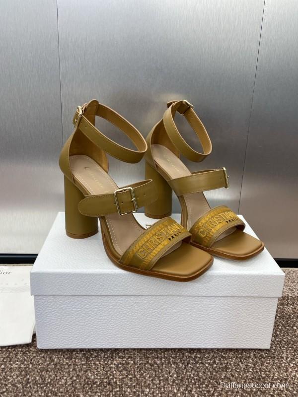2025 Women Dior Yellow Leather Embroidered High Heel Sandals