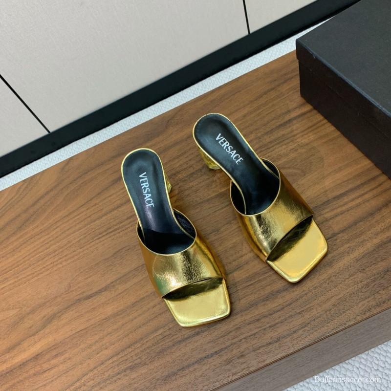 2025 Women VERSACE Gold Leather Heeled Sandals