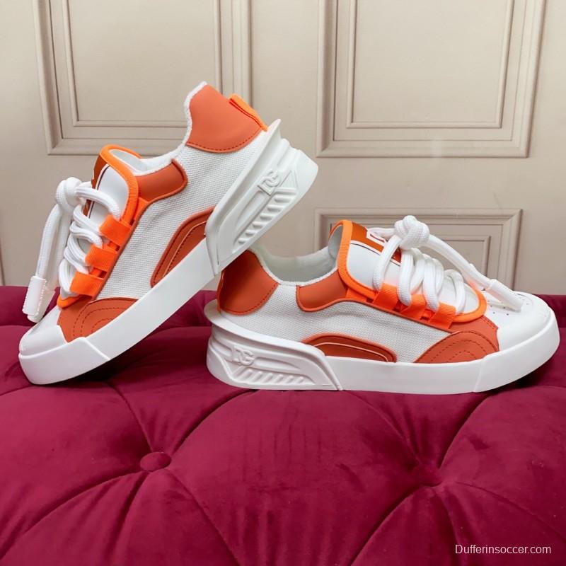 2025 Unisex Dolce & Gabbana Orange White Mesh Leather Sneakers