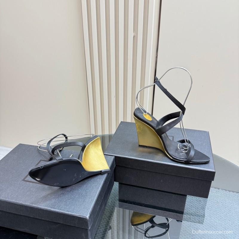 2025 Women Yves Saint Laurent Black And Gold Wedge Sandals Premium Leather Elegant Design LY00360(F)