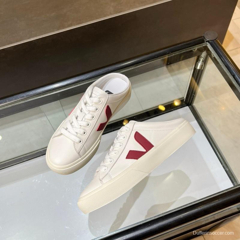 2025 Women VEJA White Burgundy Canvas Leather Slip-On Sneakers