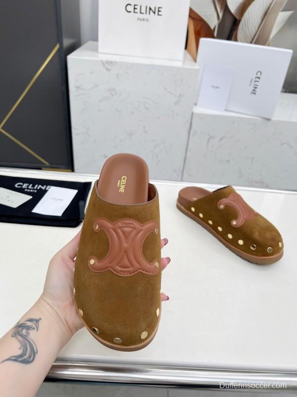 2025 Slippers Celine Brown Pink Suede Leather Studded LY00240